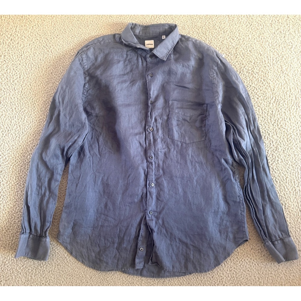 Aspesi Linen Long Sleeve Button Up Shirt Mens Blue Summer Comfort
